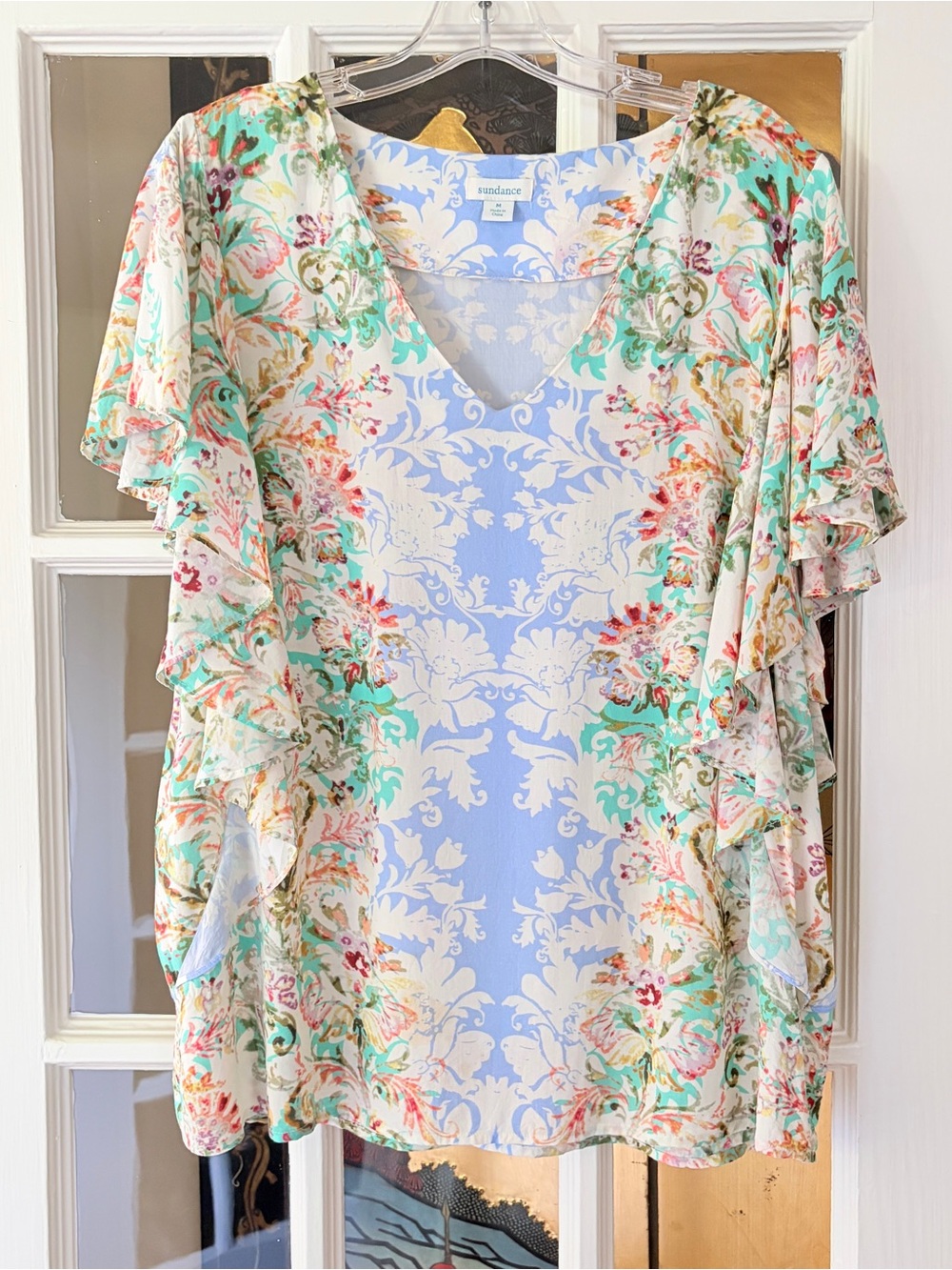 Sundance Boho Floral Top Ruffle Flowy Sleeve Sz M Peasant Cottagecore Romantic